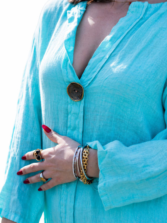 Long Sleeve Women's Linen Shirt Aqua