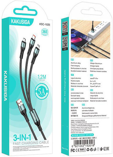 Kakusiga Braided USB to Type-C Lightning micro USB Cable 5A Black 1.2m KSC-1026