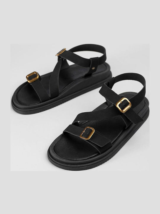 Leather Women's Flat Sandals Black