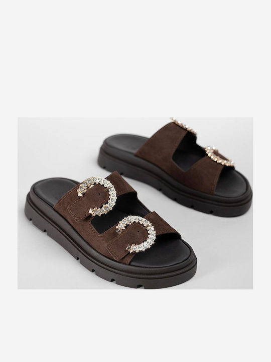 Leather Women's Flat Sandals Brown