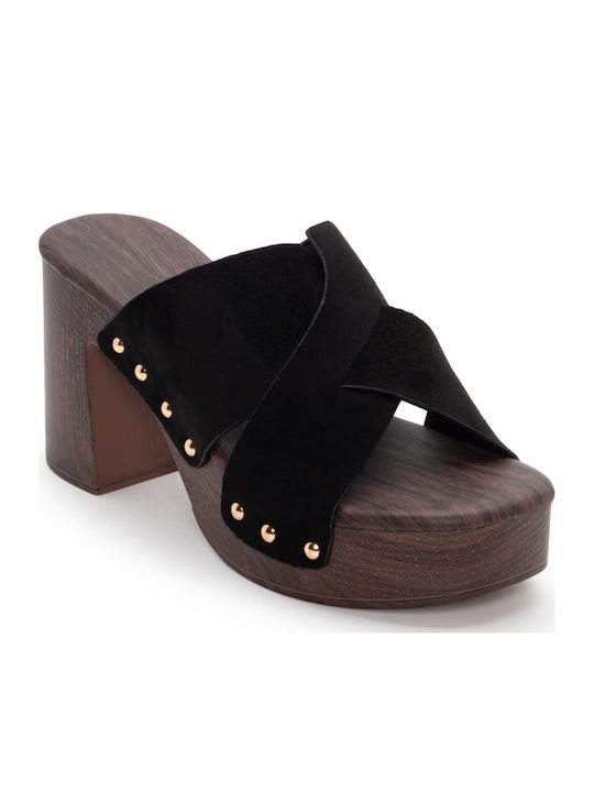 Suede Mules με Ψηλό Τακούνι σε Μαύρο Χρώμα