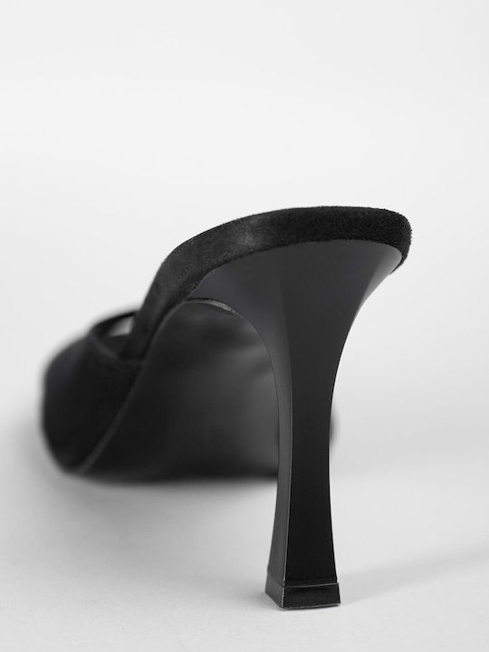 Suede Women's Mules with Thin High Heel in Black Color