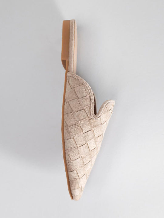 Pantofi Mules Dama Flat Din Catifea Bej