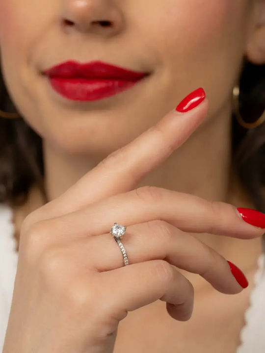 Single Stone Ring From 14K White Gold With Zircon