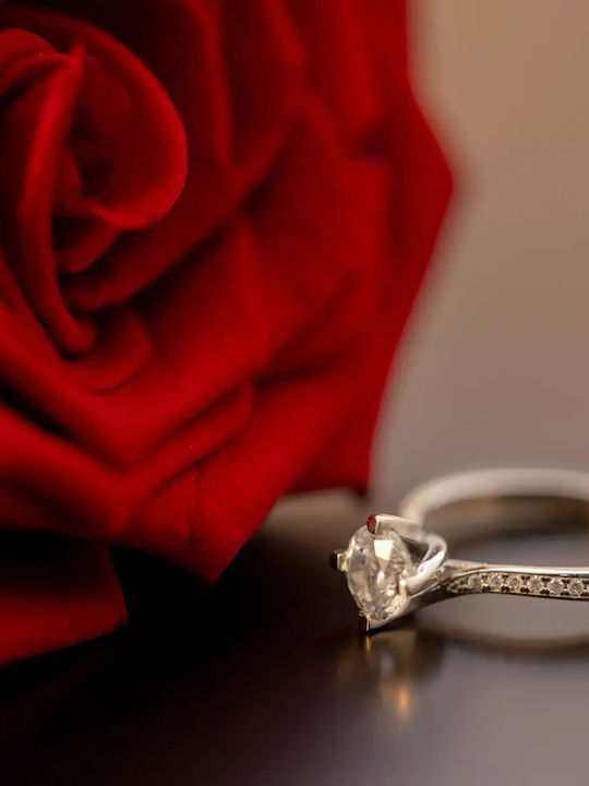 Single Stone Ring From 14K White Gold With Zircon