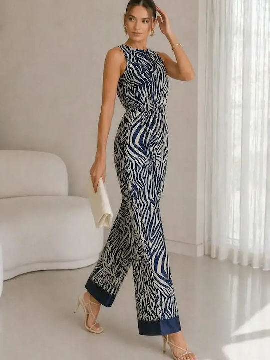 Damenteilose Ärmel Satin Jumpsuit Beige und Blau