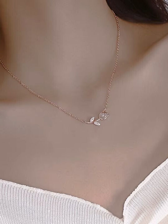 By Queen Ασημένιο Rose Gold Plated Κολιέ Τουλίπα Mε Ζιργκόν