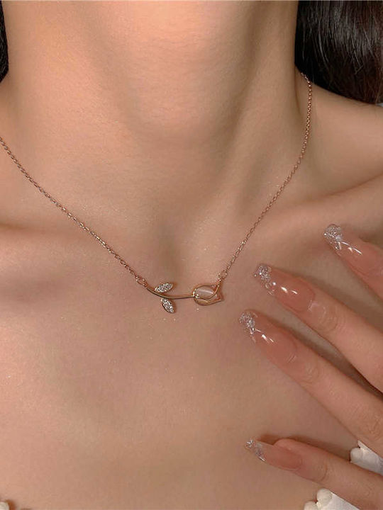 By Queen Ασημένιο Rose Gold Plated Κολιέ Τουλίπα Mε Ζιργκόν