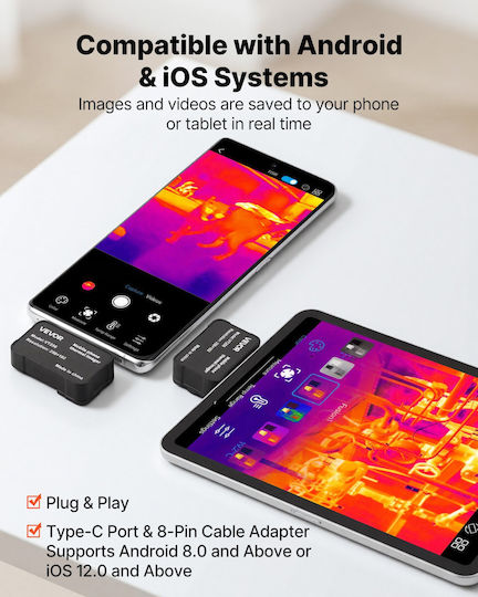 Vevor Θερμική Κάμερα Android & Ios Μακροφακό Ανάλυση Ir 256x192 Ρυθμός Ανανέωσης 25hz Εύρος Θερμοκρασίας 20°c Έως 550°c Smartphone Tablet Kdsrcxy2561960w1b001v9