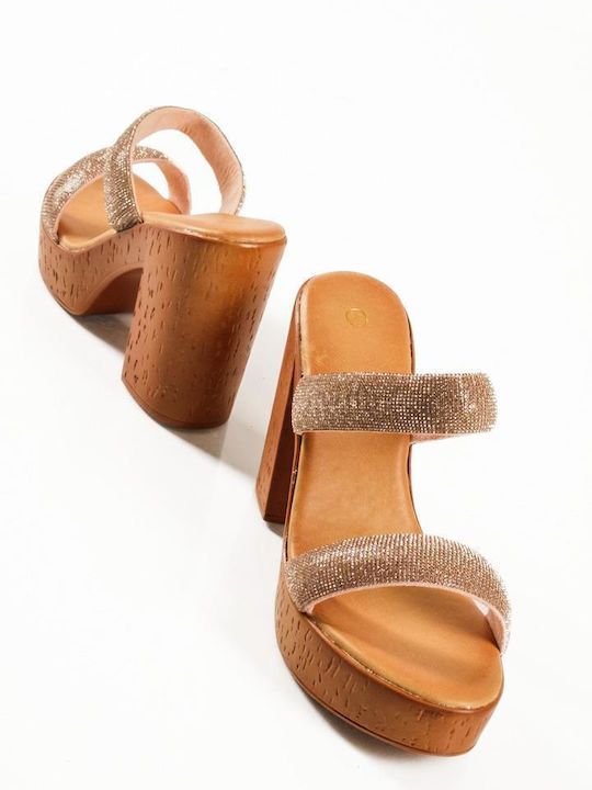 Diamantique Μπρονζέ Ψηλοτάκουνα Mules Δύο Φάσες Στρας