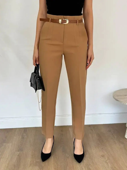 Women's High Rise Fabric Trousers in Slim Fit Beige
