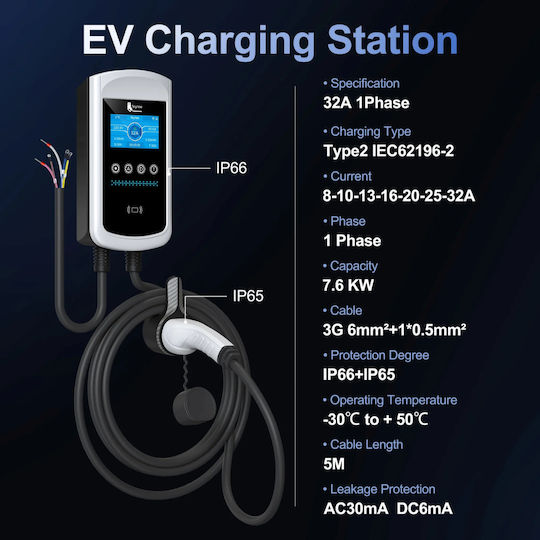 Qova Stație de Încărcare Montată pe Perete Monofazată 7.6kW cu Cablu Încorporat Tip 2