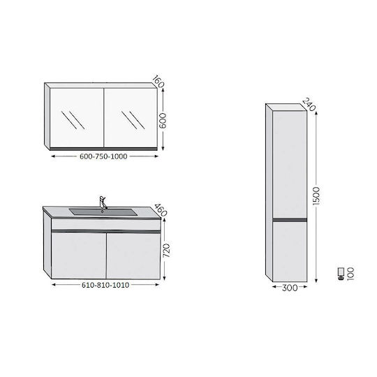 Royal Toledo 60 Grau 61x46x72cm Waschtischunterschrank mit Spiegel