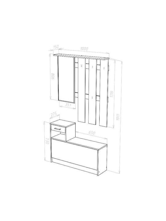 Jamie Mobilier de Intrare cu Oglindă / Cuier & Dulap pentru Pantofi Nuc / Alb 100x27.5x187buc