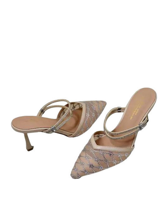Leather Mules With Low Heel In Beige Colour