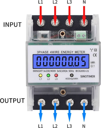 Contor de Energie Electrică Trifazat Sinotimer 3x230/400V AC 50Hz 3x5 80 A Afișaj Digital Iluminat cu LED DDS024T