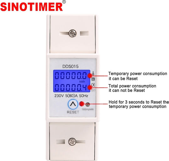 Contor Monofazat de Energie Electrică Sinotimer 230v Ac 50-60hz 5 80 A Afișaj Digital cu Led Iluminat Dds015