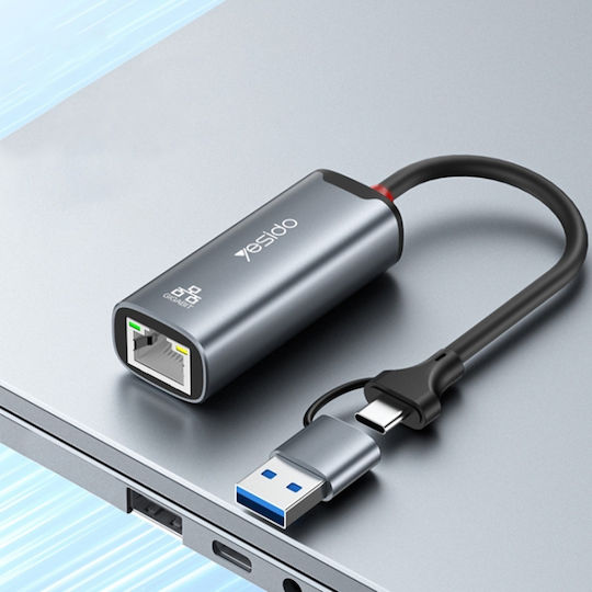 Ethernet Adapter Usb 3.0 Usb Type-c To Rj45 Gigabit 1000mbps Aluminum Yesido Gray