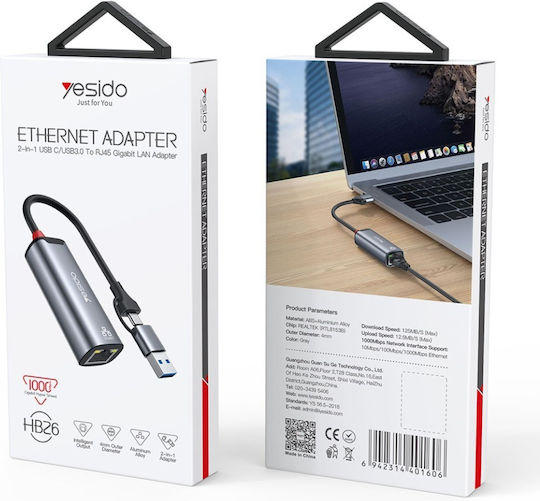 Ethernet Adapter Usb 3.0 Usb Type-c To Rj45 Gigabit 1000mbps Aluminum Yesido Gray
