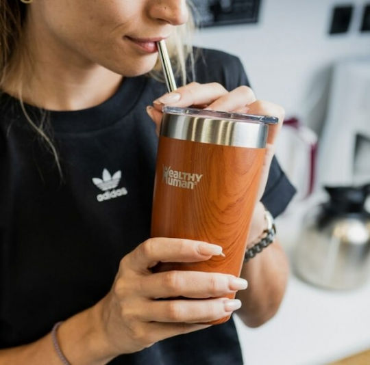 Healthy Human Recyclable Thermos Cup Stainless Steel / Plastic BPA Free 591ml Natural Wood with Straw