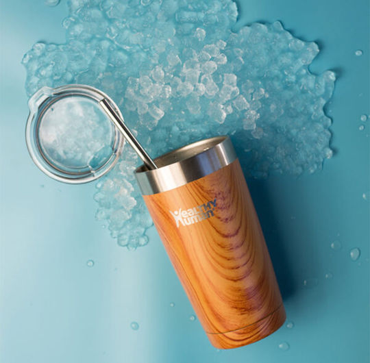 Healthy Human Recyclable Thermos Cup Stainless Steel / Plastic BPA Free 591ml Natural Wood with Straw