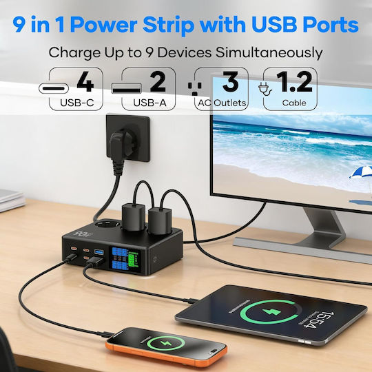 Prelungitor Bandă de Alimentare de Siguranță cu 9 Prize cu USB-A USB-C și Cablu de 1.2m