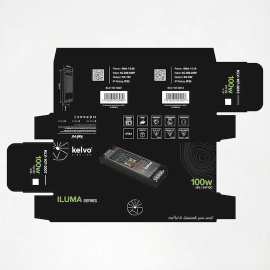 kelvo Adjustable LED Power Supply IP20 Power 100W with Output Voltage 12V