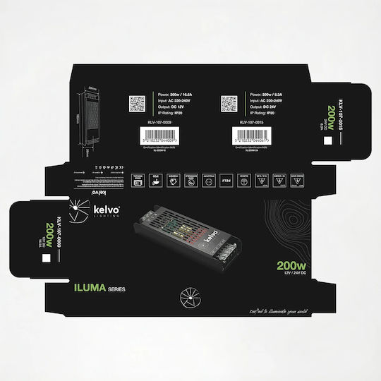 kelvo Adjustable LED Power Supply IP20 Power 200W with Output Voltage 12V