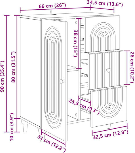 Bufet Din Lemn cu Sertare Gri Beton 66x34.5x90cm