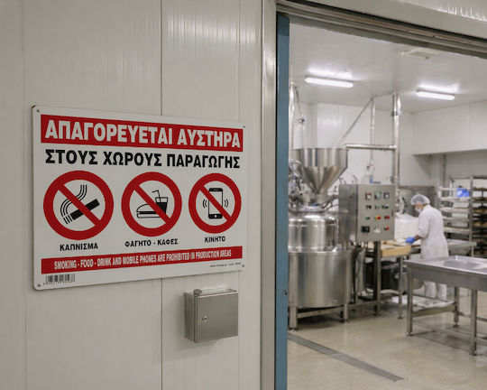 Απαγορευεται Καπνιζμα Φαγητο Καφες Κινητο Στους Χωρους Παραγωγης Αυτοκολλητο Pvc 21χ32 Ινfosign 22048