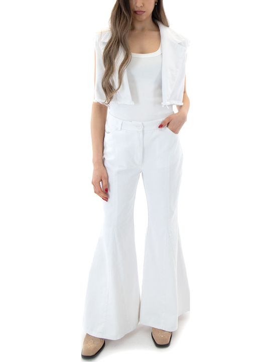 Damen Hochbund Stoff Hosen Capr Λευκά