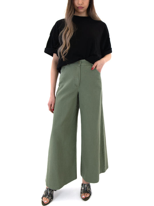 Damen Hochgeschnittene Baumwollhose in Breit Bein Stil Khaki