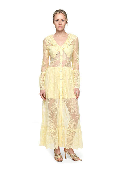 Dress Women Maxi Wedding Christening with Lace Yellow