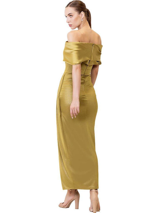 Maxi Dress for Wedding - Christening Draped Satin Off-Shoulder Olive-Gold