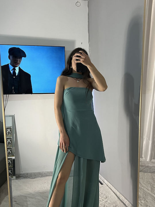 Καλοκαιρινό Maxi Φόρεμα για Γάμο / Βάπτιση Strapless με Τούλι Μέντα