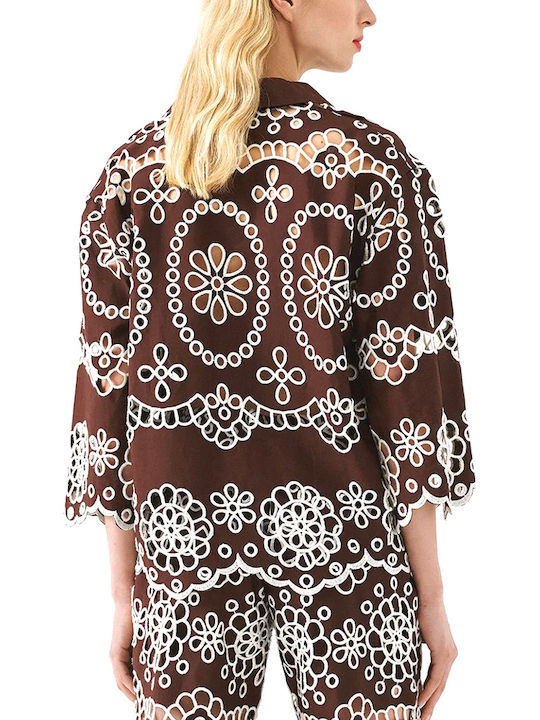 Access Long Sleeve Women's Shirt Brown White Floral Access Long Sleeve Women's Shirt Brown White Floral