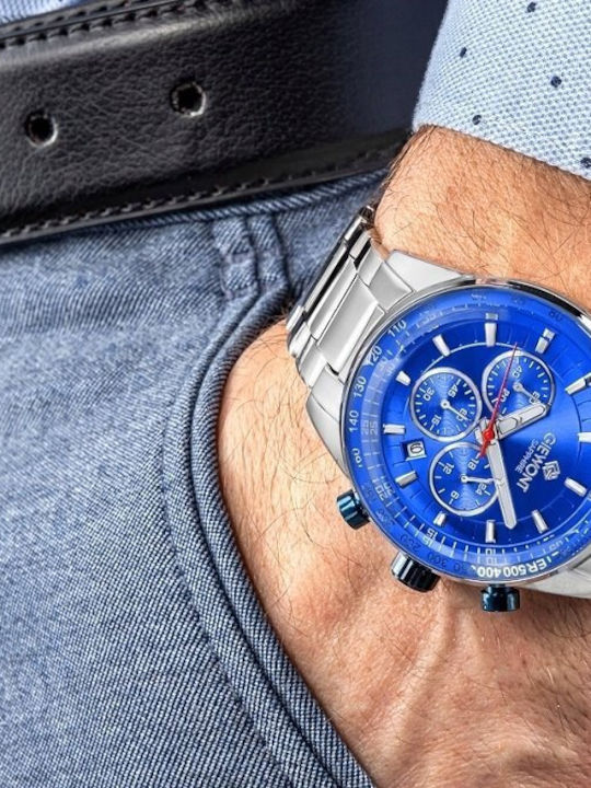 Men's Watch 43mm Chronograph Battery with Stainless Steel Bracelet Silver/Blue