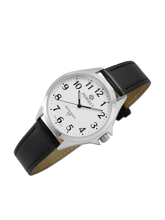 Perfect Men's Battery Watch with Black Leather Strap