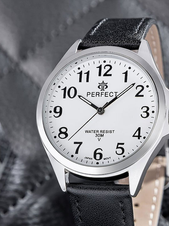Perfect Men's Battery Watch with Black Leather Strap