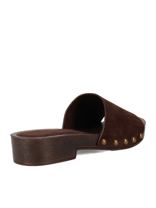 Suede Mules With Low Heel In Brown Colour