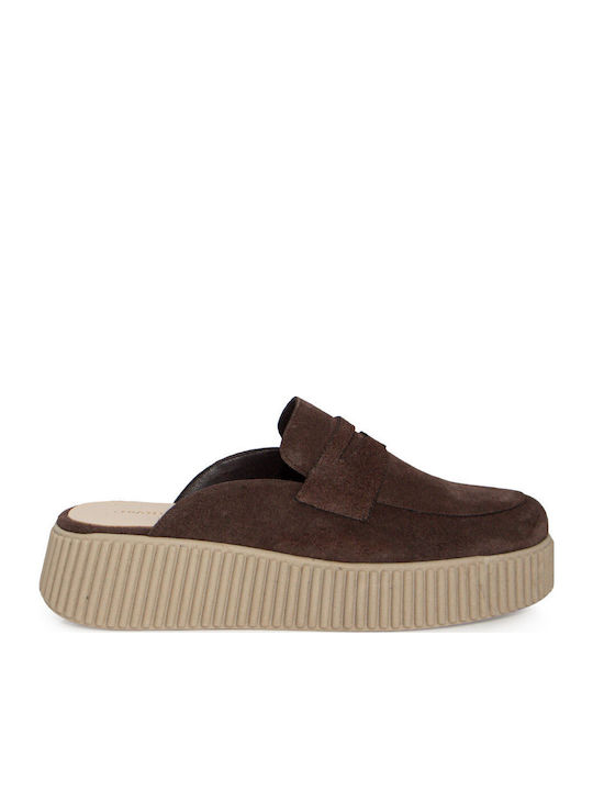 Leather Mules With Low Heel In Brown Colour