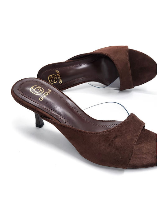 Suede Mules με Λεπτό Ψηλό Τακούνι σε Καφέ Χρώμα