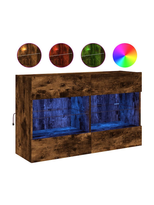 Wall Living Room Display Cabinet made of Particleboard with Glass & Lighting Smoky Oak 98.5x30x60.5cm