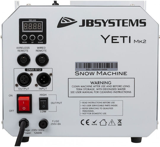 Jb Systems Yeti MK2 Schneemaschine 1200W mit Drahtlos / Verkabelt Fernbedienung und Möglichkeit zur Verbindung mit einer Lichtkonsole