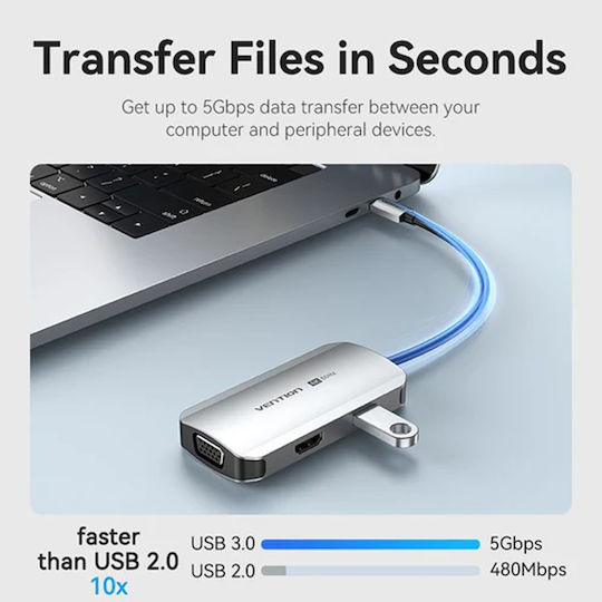 Vention TQAHB USB-C Докинг станция с HDMI 4K PD Етърнет и свързване 2 монитора Сив