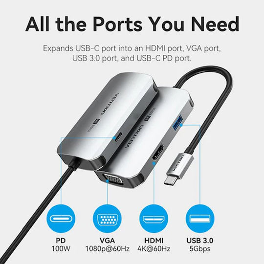 Vention TQAHB USB-C Докинг станция с HDMI 4K PD Етърнет и свързване 2 монитора Сив