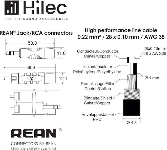 Hilec 3.5mm Jack Cable 3.5mm Male - 2x RCA Male Black 1.5m CLPROmJs2RCA/1.5