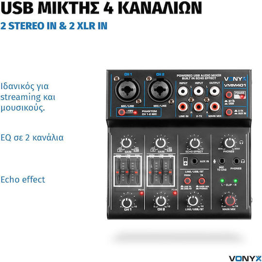 Vonyx VMM401 Analoger Mischpult 4.0 Kanäle mit Phantom Power & 2 XLR-Eingänge & Bluetooth
