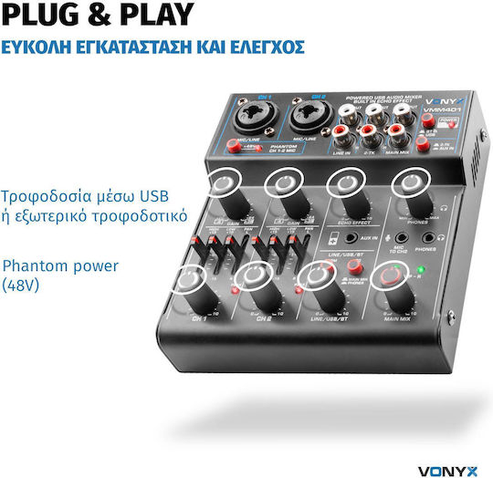 Vonyx VMM401 Analoger Mischpult 4.0 Kanäle mit Phantom Power & 2 XLR-Eingänge & Bluetooth