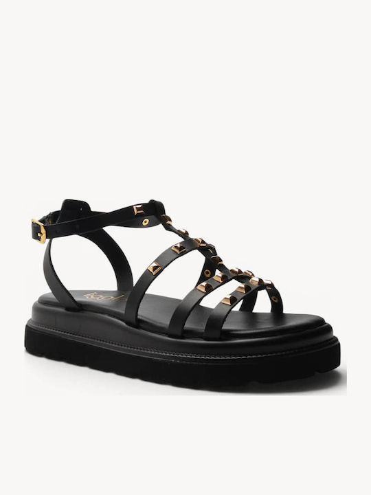 Flatforme De Piele Negre Cu Ținte Aurii Și Curele
